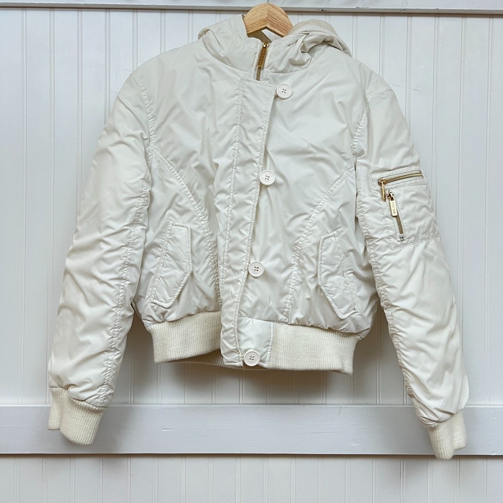 Honee White Puffer Bomber Jacket Women's Hooded Full Zip Button Winter Coat